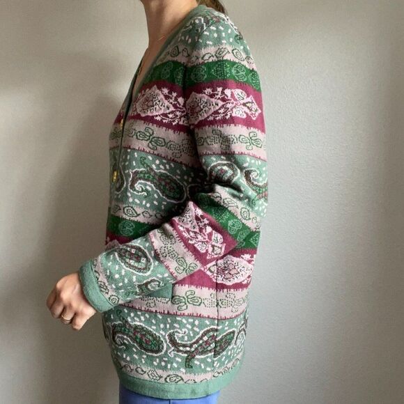 Vintage 80s Womens Pink Green Paisley Striped Oversized Grandma Cardigan Sz L - Picture 7 of 11